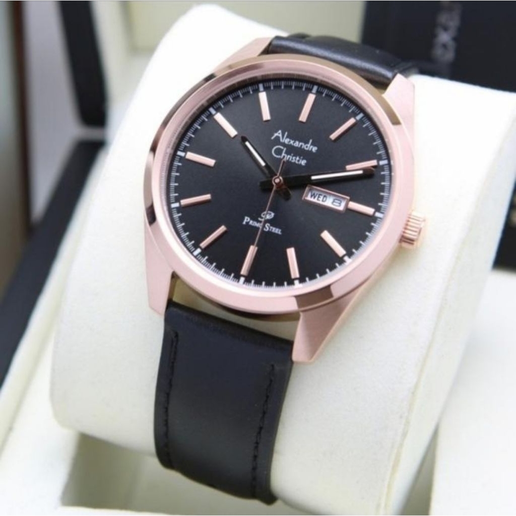 JAM TANGAN PRIA ORIGINAL ALEXANDRE CHRISTIE AC1025ME ROSEGOLD BLACK LEATHER STRAP