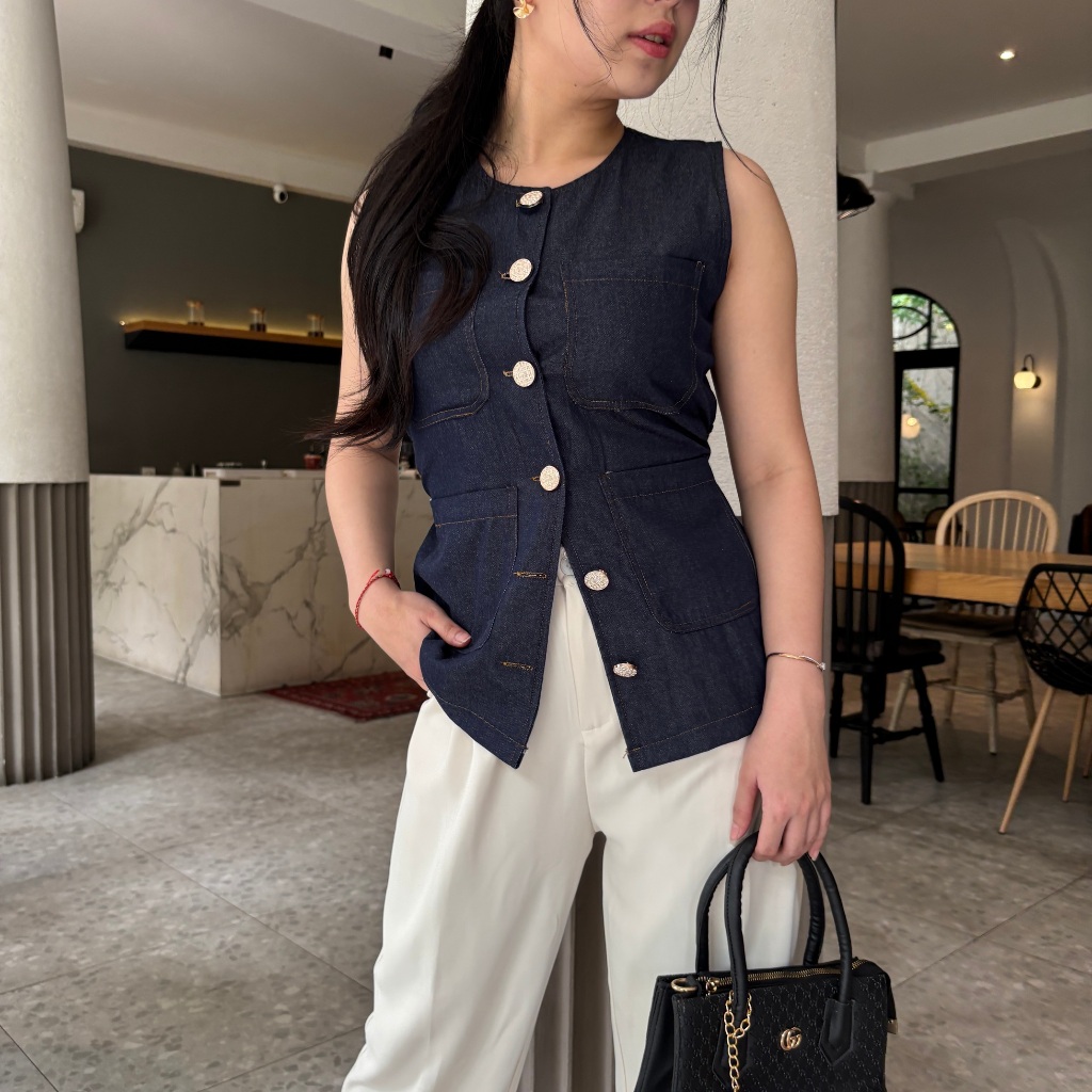 Mandy Denim Vest Jeans Wanita Outer Atasan Tanpa Lengan Sleeveless - Eleonor
