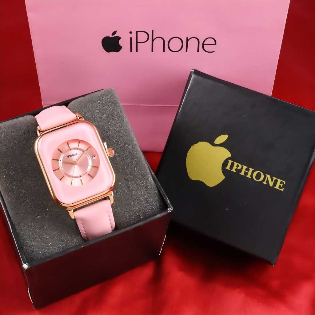 Jam Tangan Wanita Iphon3 Tali Kulit Body Bulat Panjang Tanggal Aktif Box Exclusive