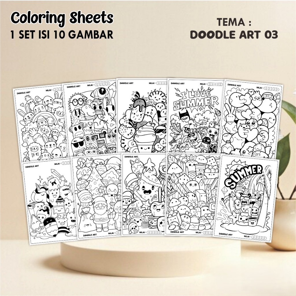 

KERTAS GAMBAR MEWARNAI TEMA DOODLE - LEMBAR COLORING SHEETS FOR KIDS ISI 10 LEMBAR [A4] READY
