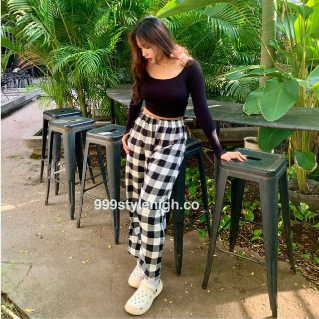 Celana Tartan Flanel Wanita Outfit Mix Croptop - Outfit Celana Kotak Kotak Kekinian - Celana Uniqlo 