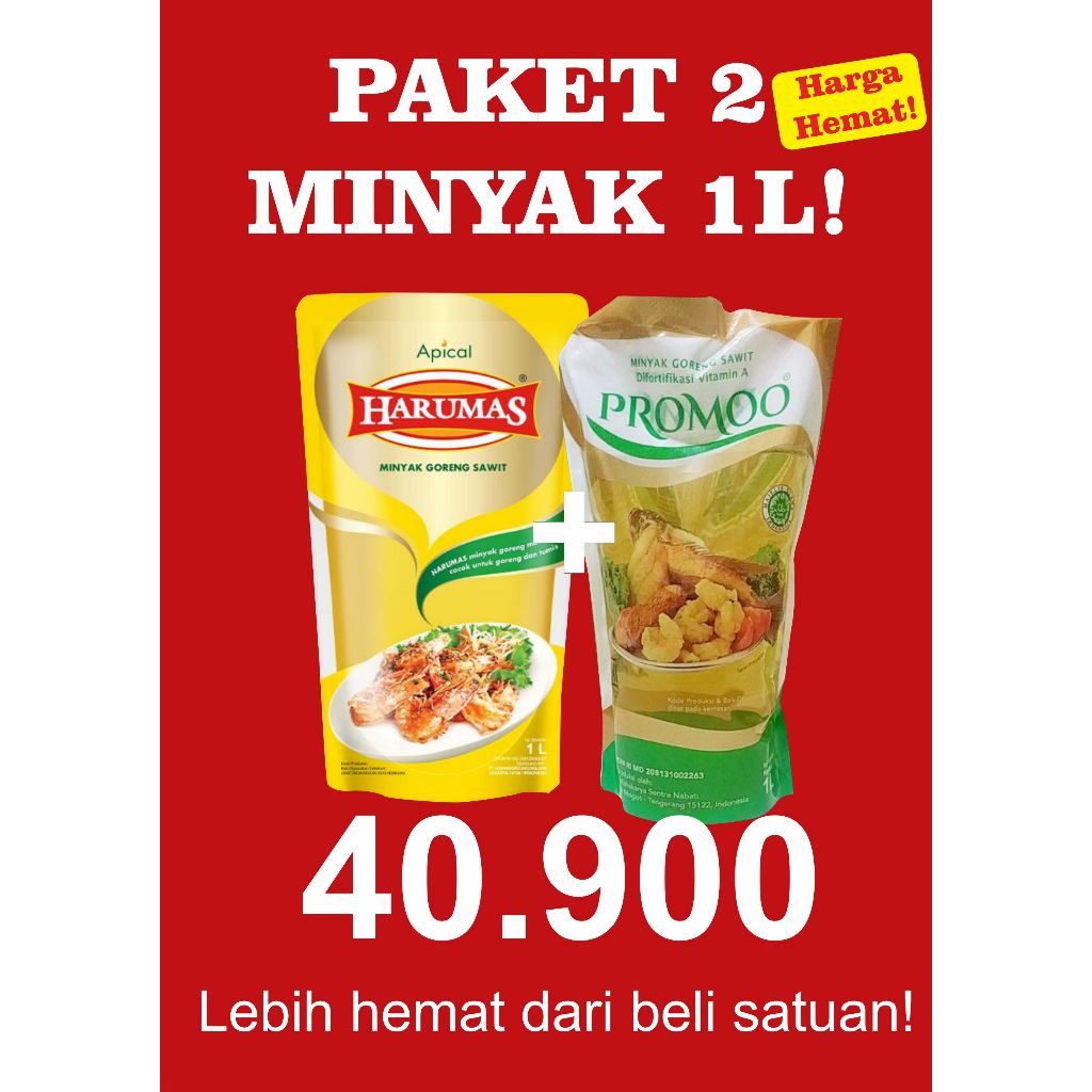 

PAKET MINYAK HEMAT- PROMOO 1L + HARUMAS 1L- COCOK UNTUK WARUNG DAN RUMAH TANGGA-NAKEMA GROSIR