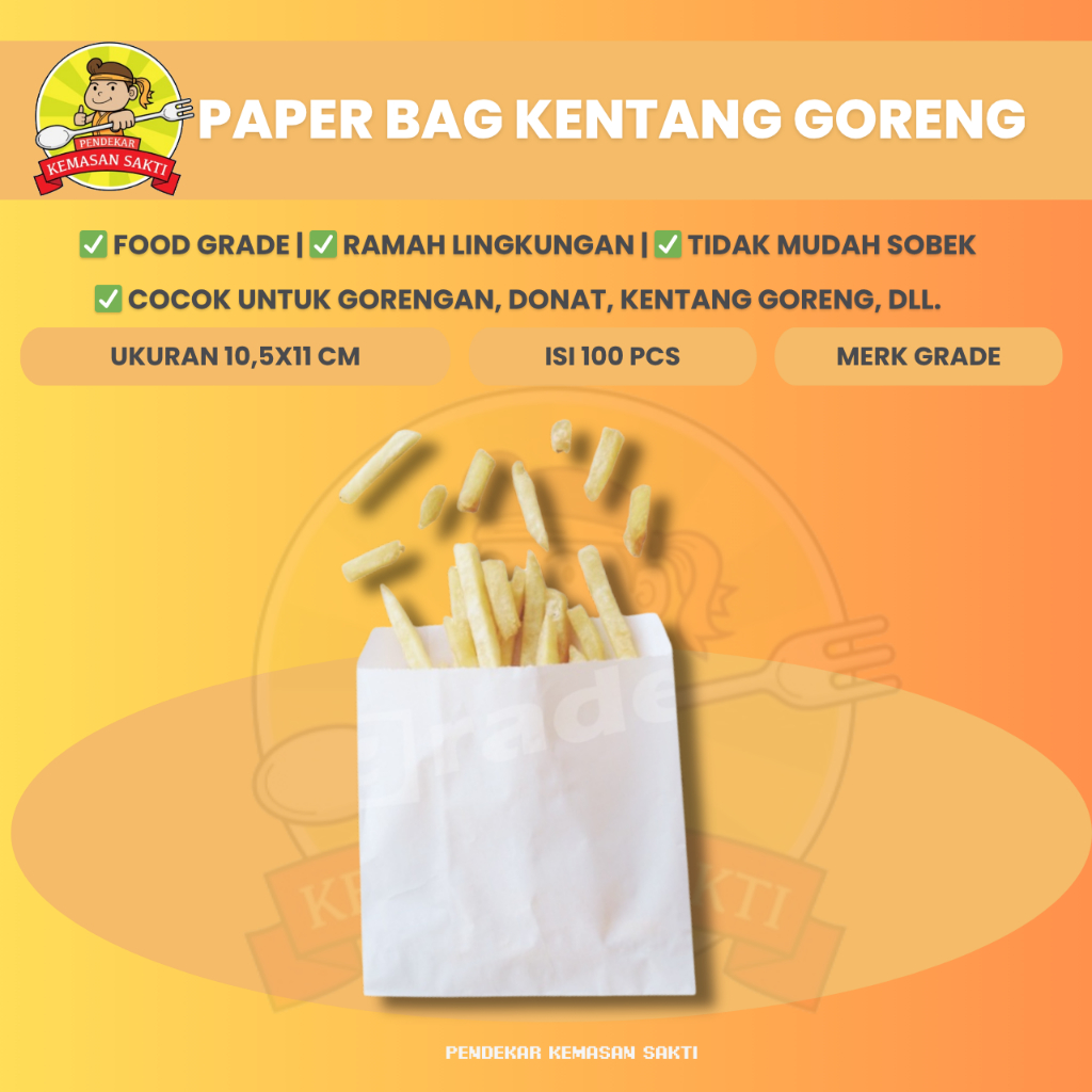 

Paper Bag 10.5 x 11 / Kantong Kertas Putih Kentang Donut Fries (isi 100pcs)