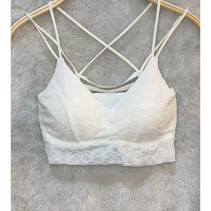 [BEST SELLER] Bralette Lace Crop Top Putih - Tali Silang Belakang | Atasan Lingerie Cantik & Elegan