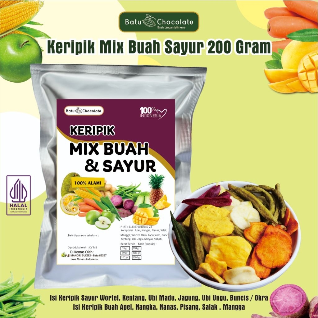 

Batu Chocolate Keripik Buah Sayur Mix 200 gr (Mix 6 Buah dan 5 Sayuran ) Keripik Buah Malang Batu