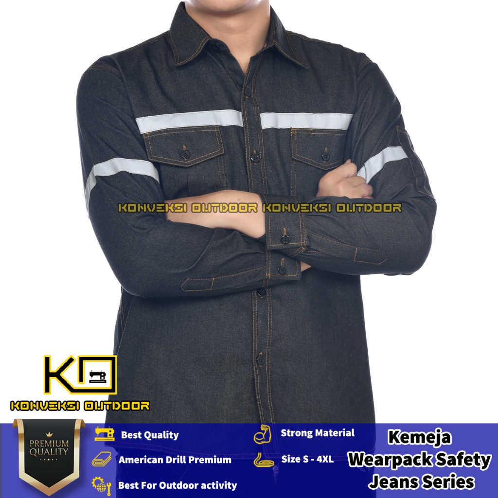 WEARPACK SAFETY JEANS Kemeja Safety Kerja Lapangan Lengan Panjang Bahan Jeans Pria