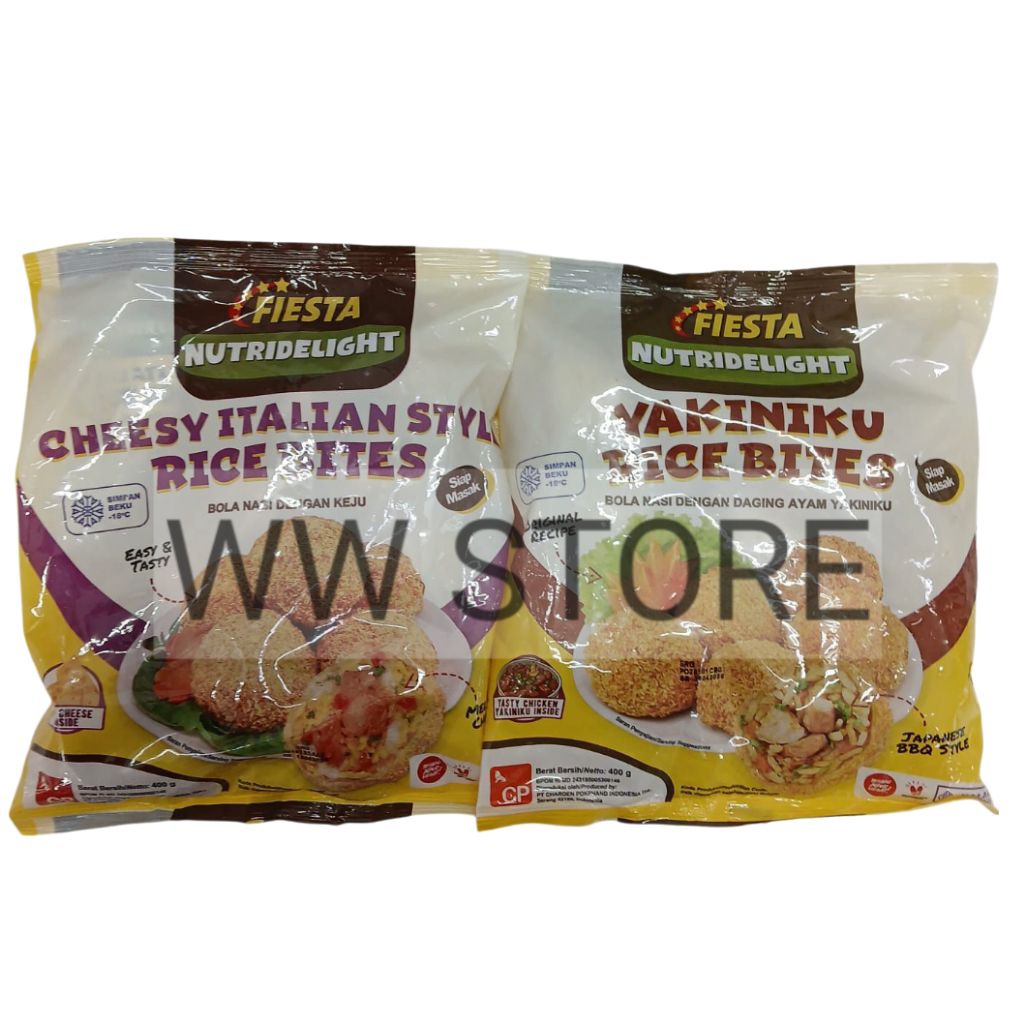 

Bola nasi dengan keju / daging ayam yakiniku SIAP MASAK halal MUI FIESTA NUTRIDELIGHT Cheesy Italian/ Japanese BBQ Yakiniku Style RICE BITES 400g