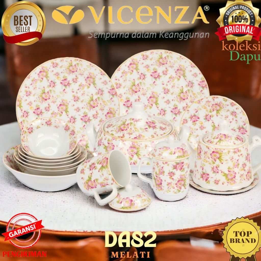 Set Perlengkapan Makan Vicenza Da82 MELATI, dilengkapi Mug teko piring mangkuk hingga tutupnya ASLI 
