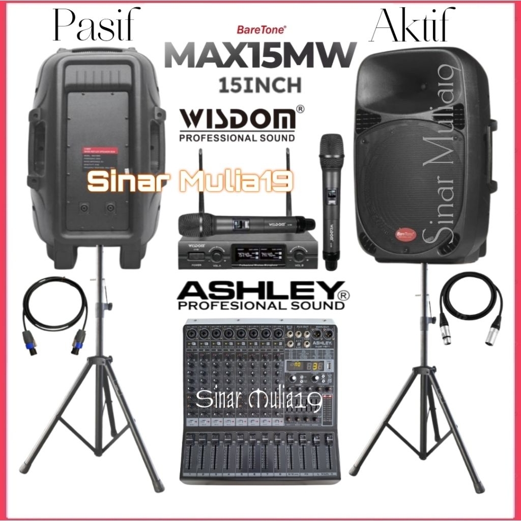 Paket Sound System Karaoke Speaker Aktif & Pasif BareTone 15 Inch Mixer Ashley Super M8 Bluetooth Mi