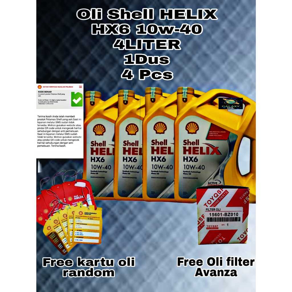 OLI MOBIL SHELL HELIX HX6 10W-40,4 LITER 1Dus 4 Pcs Original Scan Barcode free Kartu Oli Random + Ol