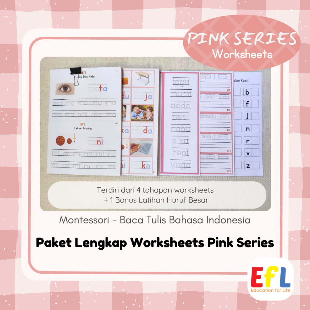 Pink Series Montessori - Paket Worksheets Lengkap -  Baca Tulis Bahasa Indonesia