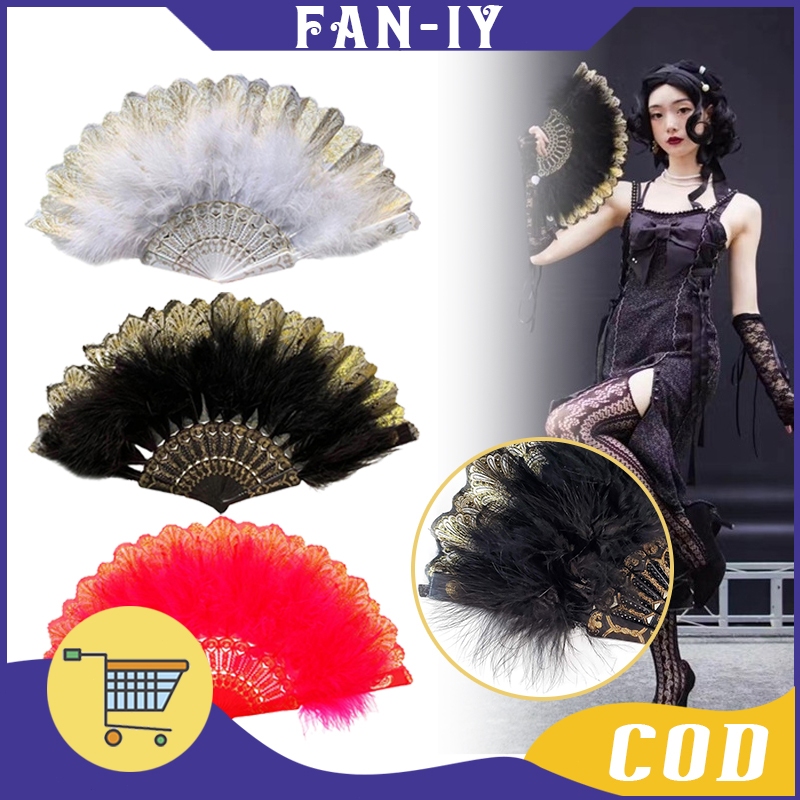 Kipas Bulu Putih Merah Hitam / Kipas Tangan Lipat Bulu / Kipas Fashion Bulu