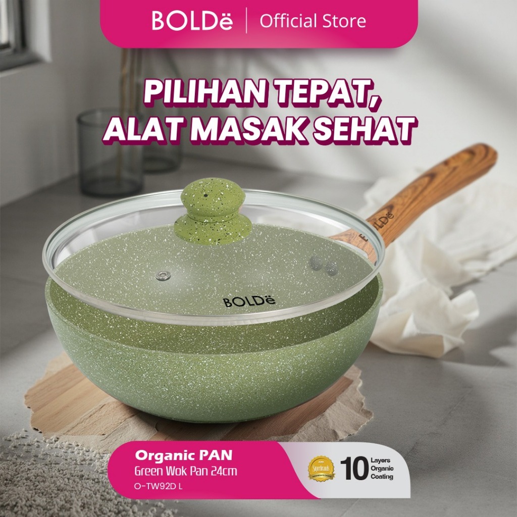 BOLDe Organic Green Wok Pan + Glass Lid 24cm