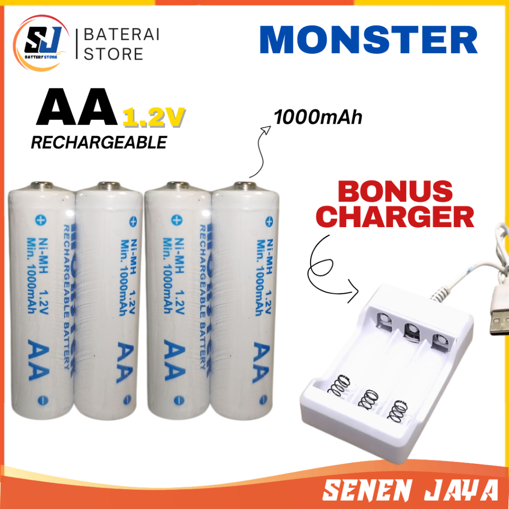 GRATIS CHARGER Baterai AA Monster 1000mAh Isi 4 Cas Rechargeable Recharge dan Charger Charge Isi Ula