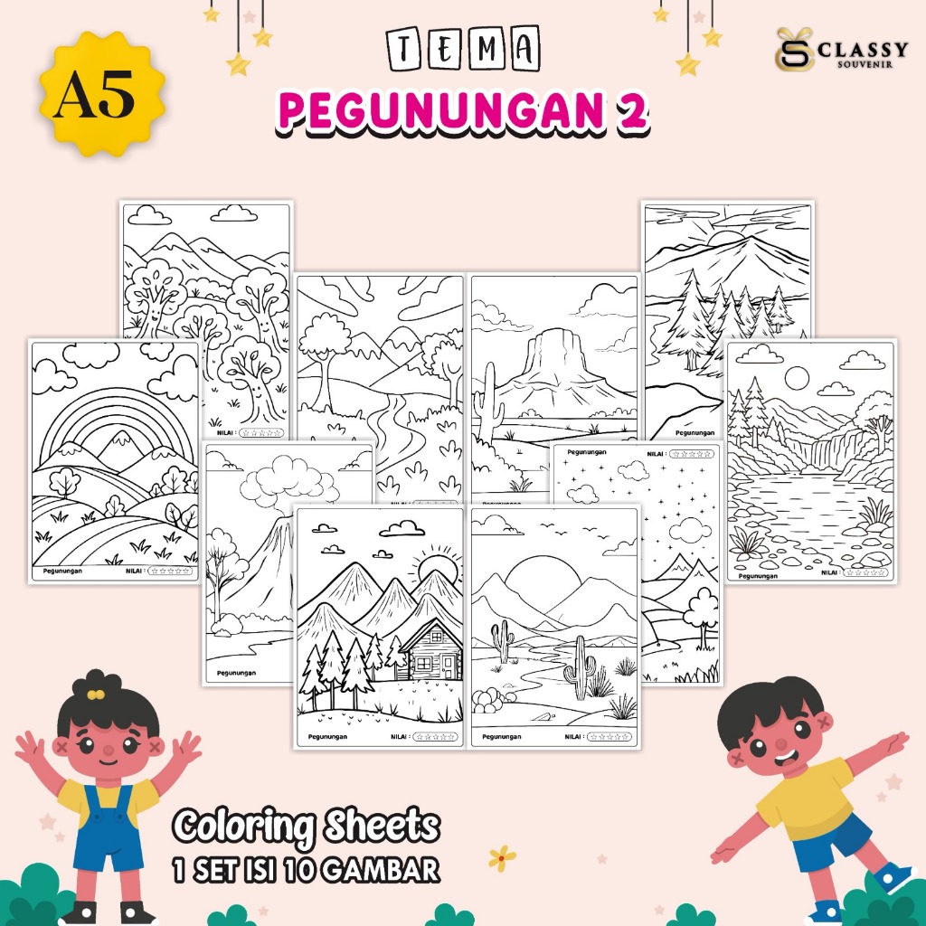

LEMBAR GAMBAR MEWARNAI A5 BAGIAN TEMA PEGUNUNGAN - KERTAS MEWARNAI ANAK - COLORING SHEETS FOR KIDS