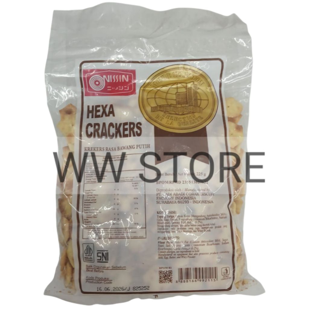 

Biskuit kraker kreker krakers krekers rasa bawang putih halal MUI NISSIN HEXA CRACKERS 225g
