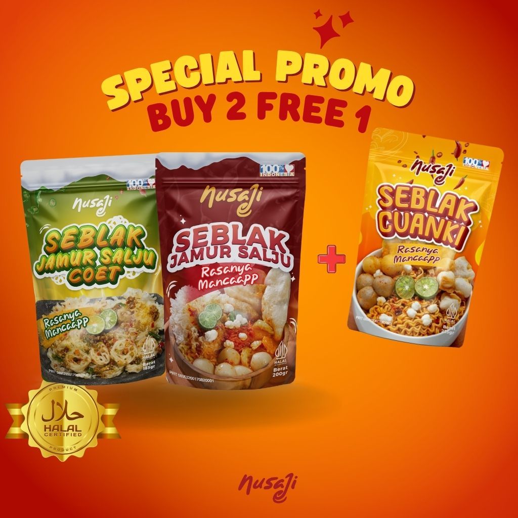 

Nusaji Seblak Instan Buy 2 Free 1 Promo ( 1 Jamur salju coet + 1 Jamur Salju + 1 Cuanki )