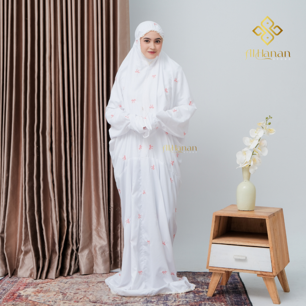 Alhanan - Mukena Dewasa Santri Mukenah Terusan Bordir Coquette Ribon  Series Katun Adem Putih