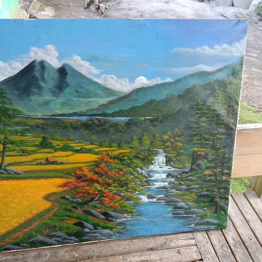 Lukisan sawah pemandangan alam lukisan sawah asli acrylic on canvas