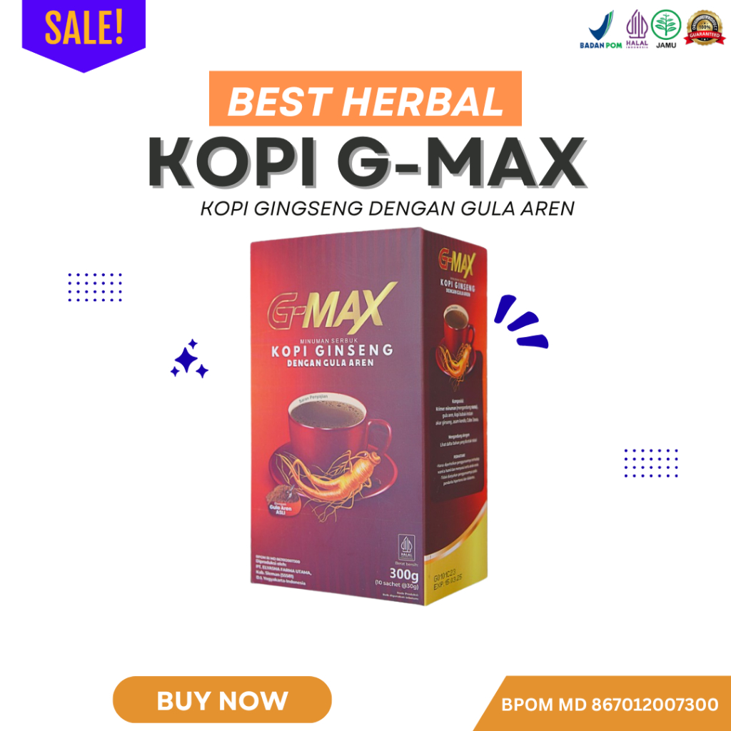 

NEW ARRIVAL Kopi G-Max Penambah Stamina Pria Extra Ginseng dan Gula Aren Original-1 Box Isi 10Sachet