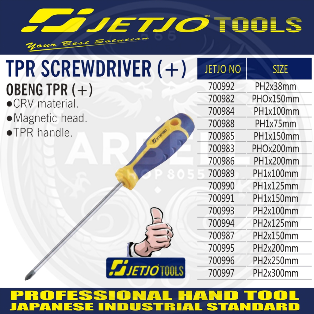 TPR SCREWDRIVER ( + ) JETJO TOOLS OBENG PLUS PH0 X 150 MM S/D PH1 X 125 MM ORIGINAL PRODUK JETJO