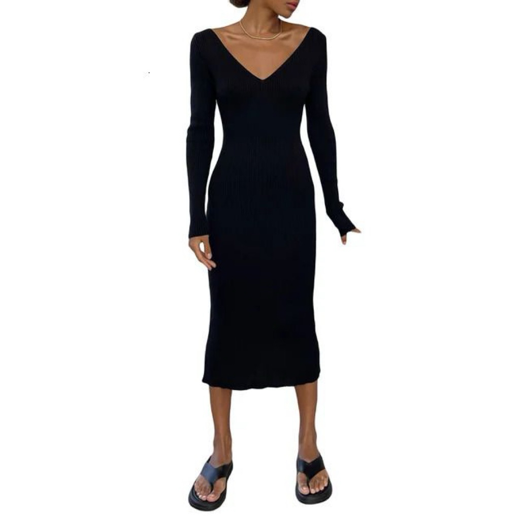 𝙋𝙍𝙀𝙇𝙊𝙑𝙀𝘿 Fashion Nova Black Ribbed Knit Long Sleeeve Bodycon Midi Dress Press Body Fashion Wanita