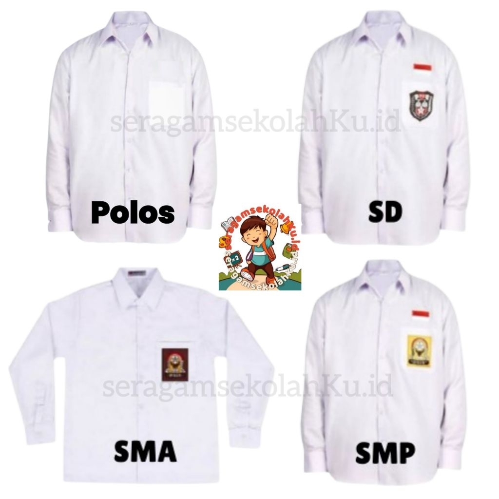 Seragam Sekolah SD MI SMP SMA Lengan Pendek Lengan Panjang Putih Polos Kemeja Seragam Anak Sekolah L