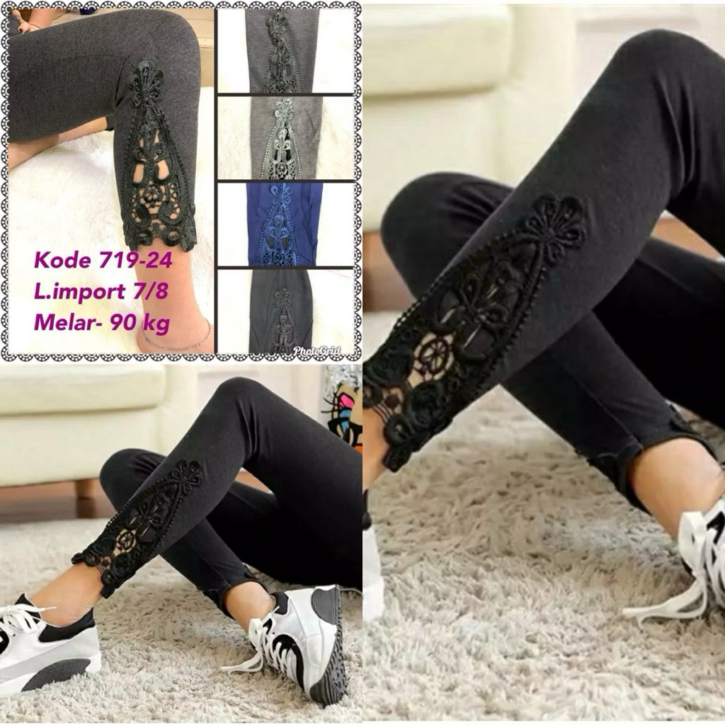 Legging Import - 719 Legging Wanita Dewasa - Legging Brukat Renda 7Per8 Muat Sampai 90Kilo