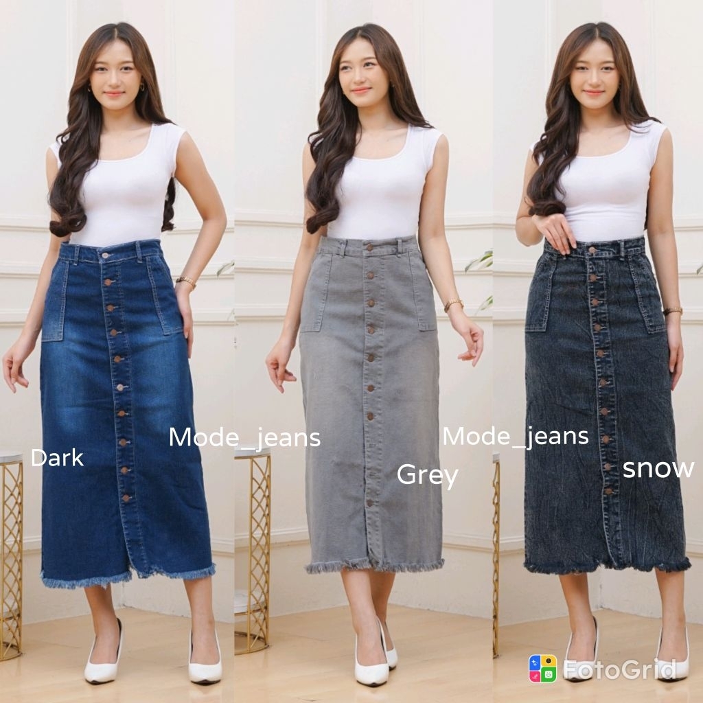 ROK JEANS PANJANG GISCA KANCING DEPAN // ROK JEANS WANITA KANCING DEPAN AKTIF