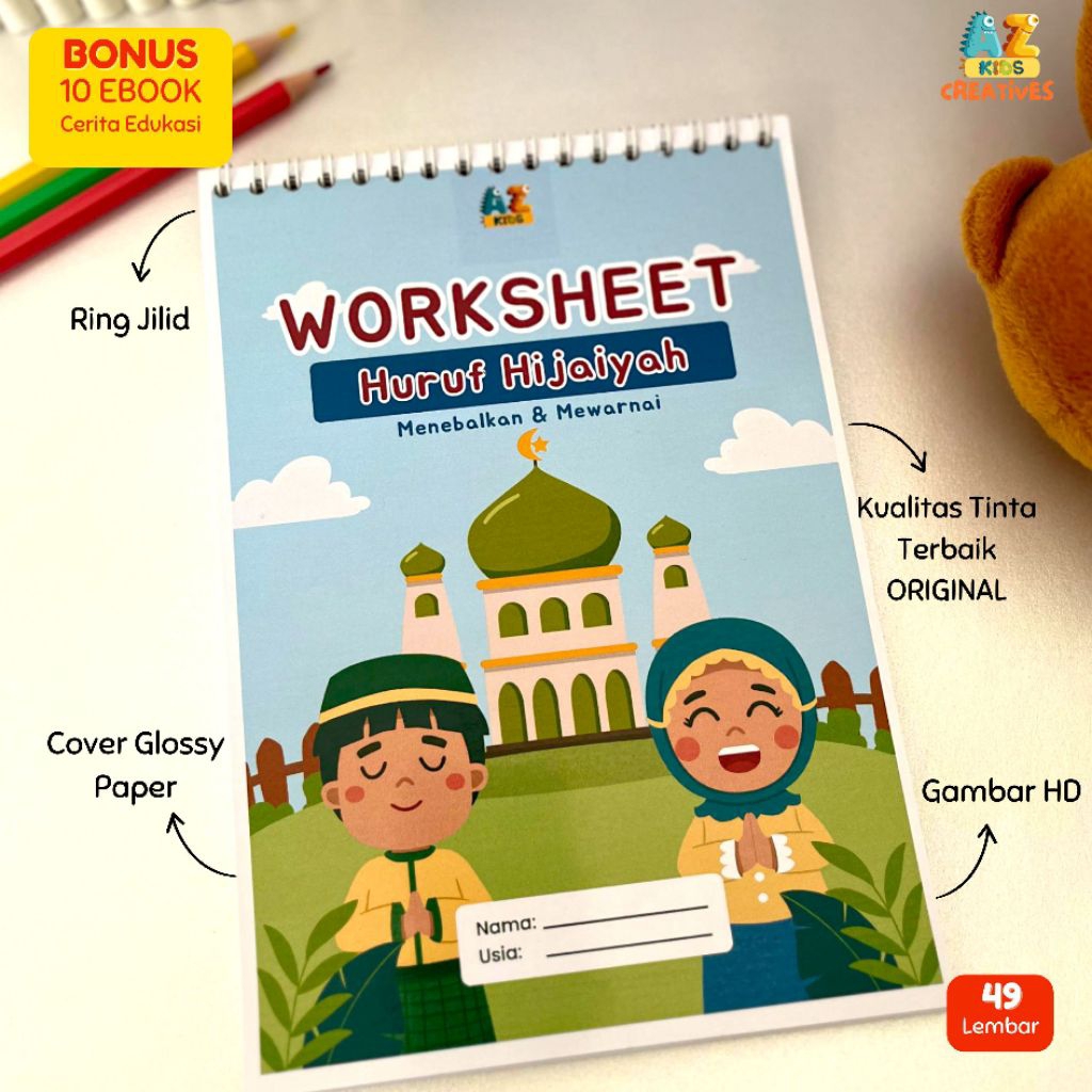 AZ KIDS Worksheet Huruf Hijaiyah Anak Usia 2-5 Tahun | 49 Halaman | Lembar Kerja Islami (Fisik)