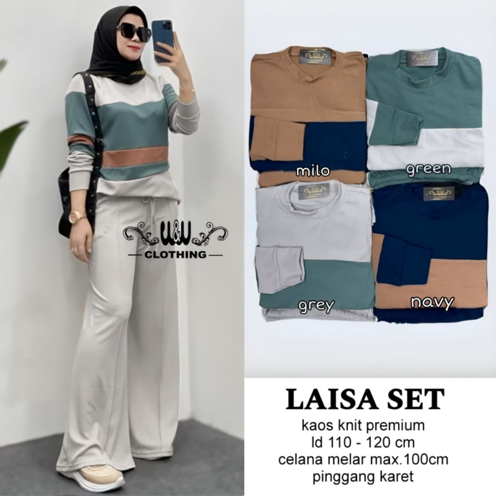 [ Ready stok]  Laisa set pakaian setelan wanita atasan lengan panjang bawahan celana panjang kulot m