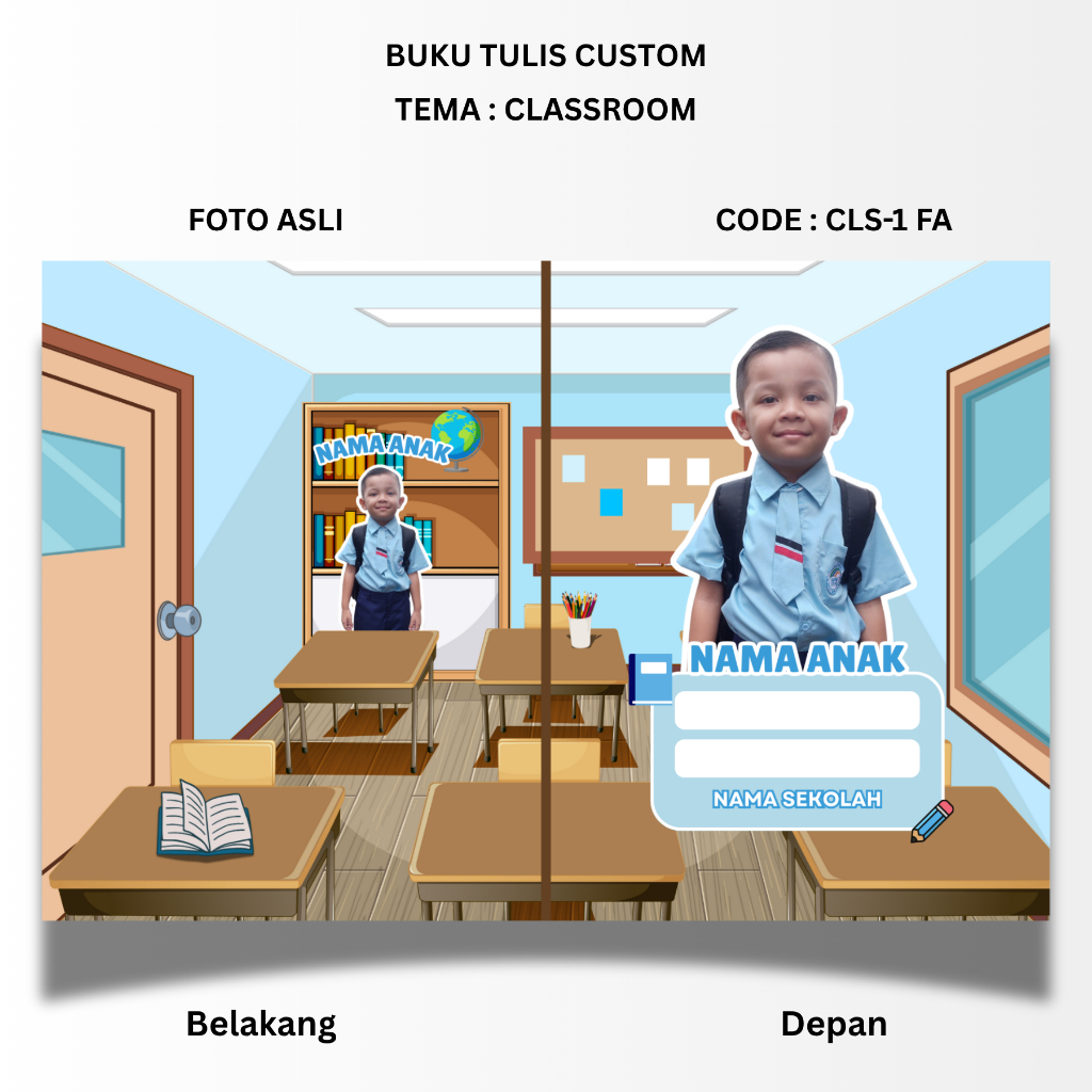 

BUKU TULIS CUSTOM - TEMA CLAS SROOM - STANDART UKURAN SIDU 160X210 - BISA PAKAI FOTO ANAK ASLI ATAU UBAH KE KARTUN