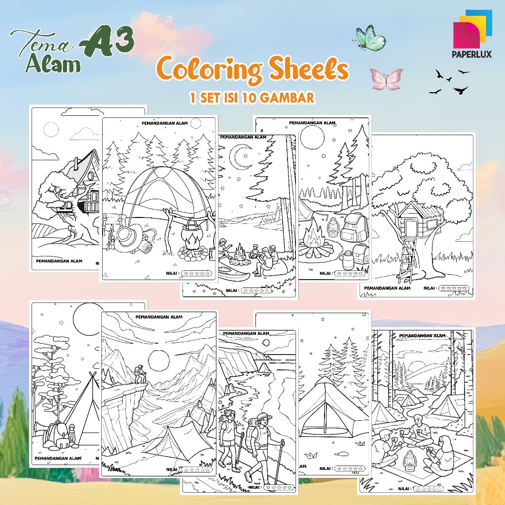 

KERTAS GAMBAR MEWARNAI TEMA ALAM - LEMBAR COLORING SHEETS FOR KIDS ISI 10 LEMBAR [A3] READY