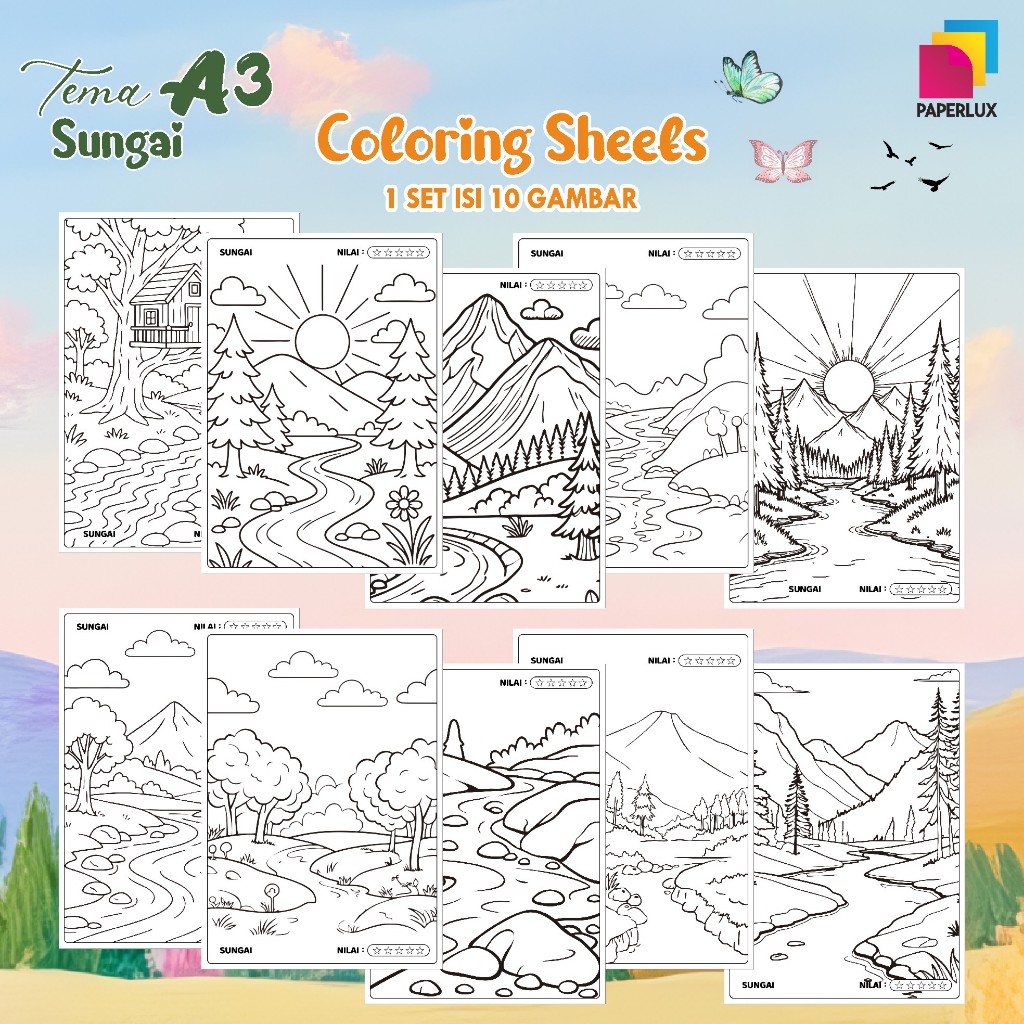 

KERTAS GAMBAR MEWARNAI TEMA SUNGAI - LEMBAR COLORING SHEETS FOR KIDS ISI 10 LEMBAR [A3] READY