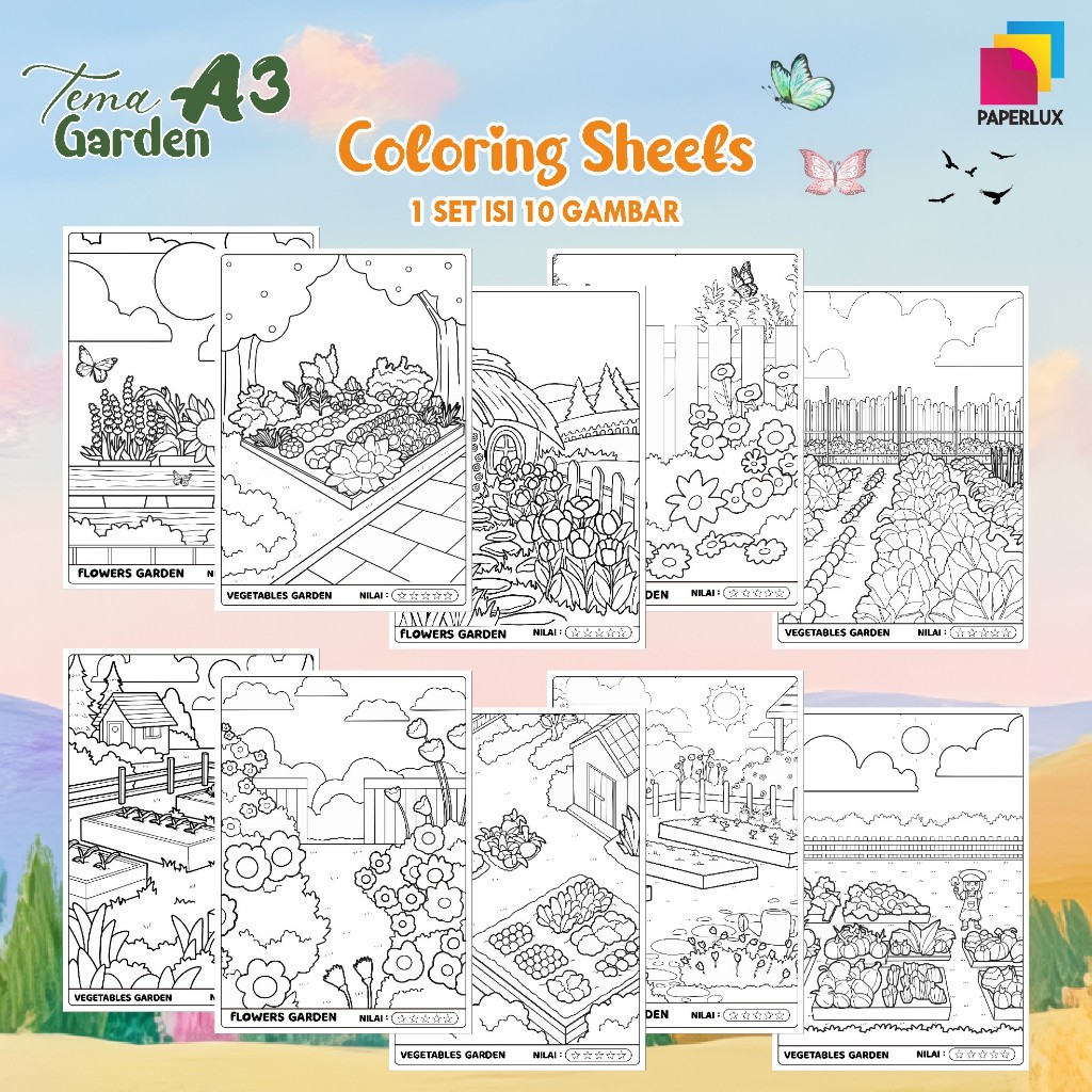 

KERTAS GAMBAR MEWARNAI TEMA GARDEN - LEMBAR COLORING SHEETS FOR KIDS ISI 10 LEMBAR [A3] READY