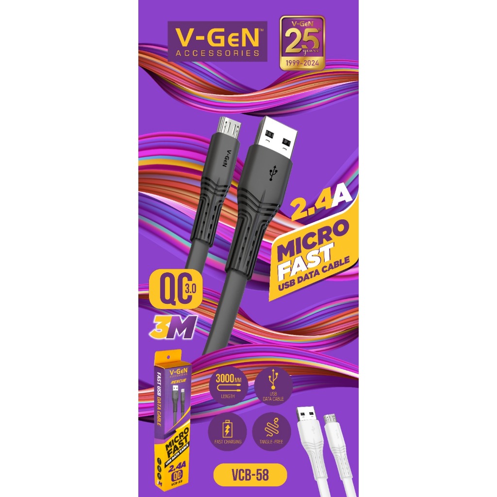 Kabel Data MicroUSB V-GeN VCB-58 Fast Charging 2.4A Micro USB Kabel Gepeng 3 Meter
