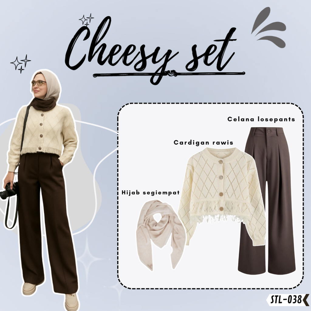 One Set Wanita Kekinian 3in1 Korean Style OOTD Setelan Kulot  Cheesy set STL-038 [Cardigan Rajut Raw