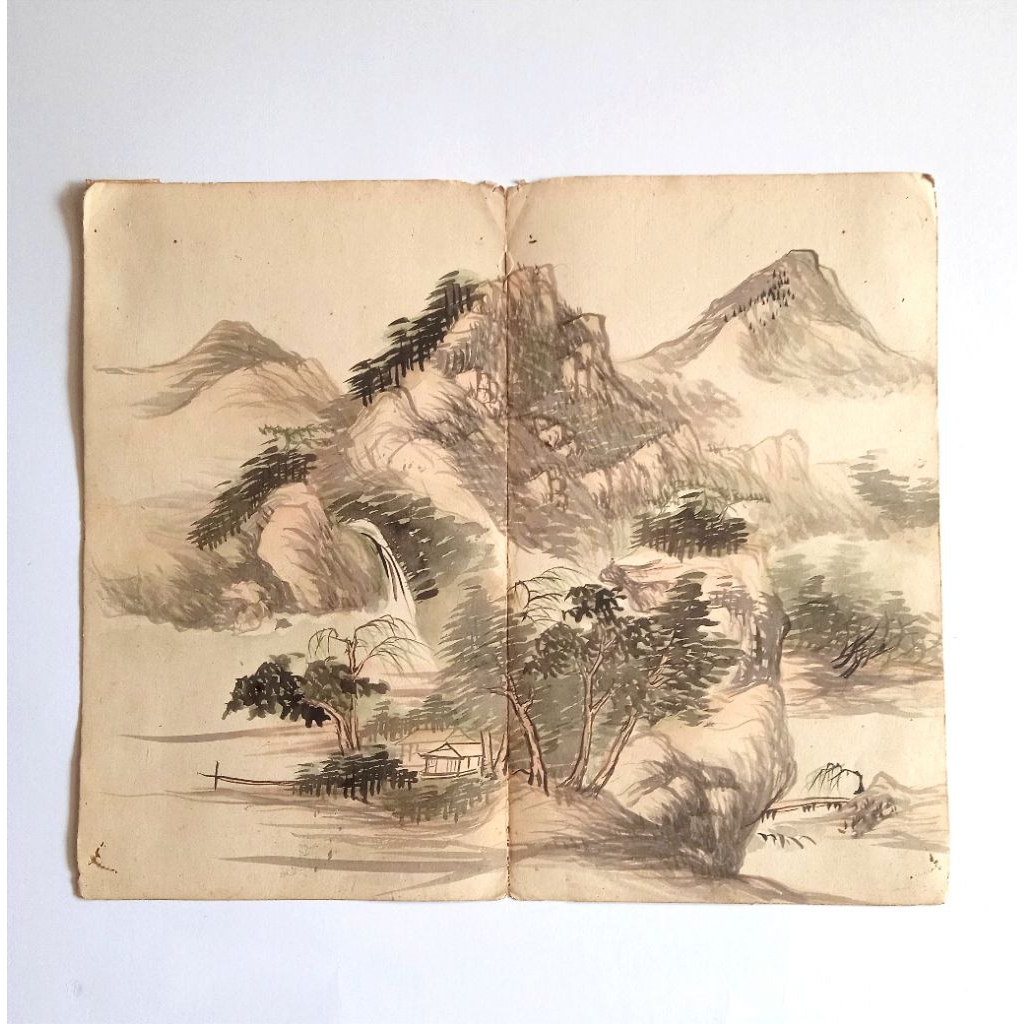 

Antik Lukisan Kertas Cina Tinta Basah Pemandangan Gunung Tua Langka Layak Koleksi