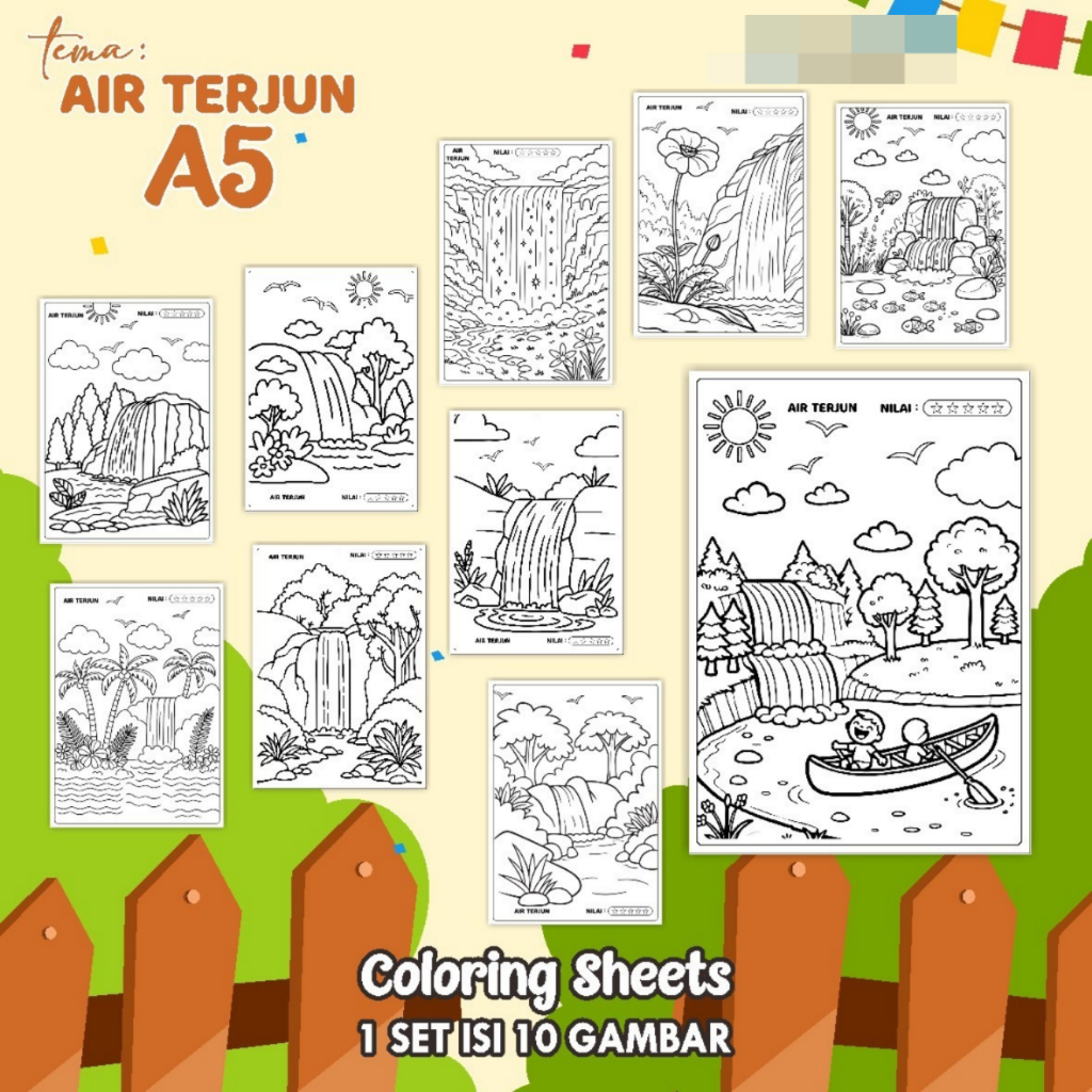 

KERTAS GAMBAR MEWARNAI TEMA AIR TERJUN - LEMBAR COLORING SHEETS FOR KIDS ISI 10 LEMBAR [A5] READY