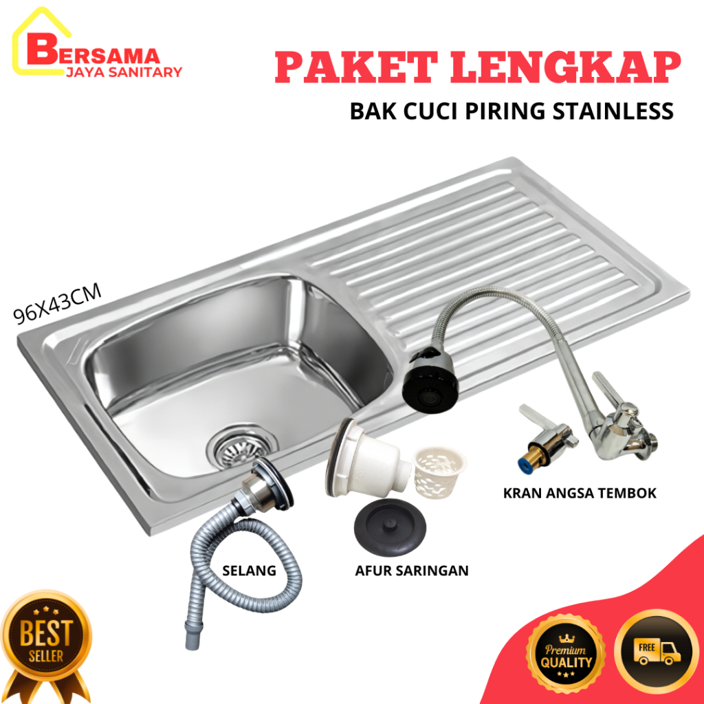 Bak Cuci Piring / Wastafel Cuci Piring Stainless 96x43cm Free Selang + Afur + Kran Stainless