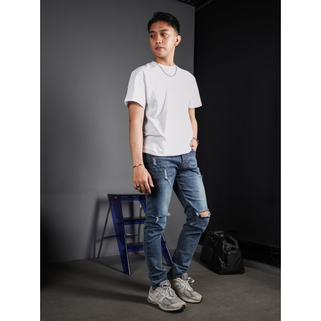 North Denim Celana Jeans Denim Panjang Pria  Strech Ripped Non Patch - Snow Blue