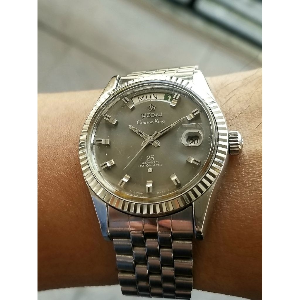 70s Vintage Titoni Cosmo King cosmoking President day date Rotomatic Automatic 14k rim White Gold Fl