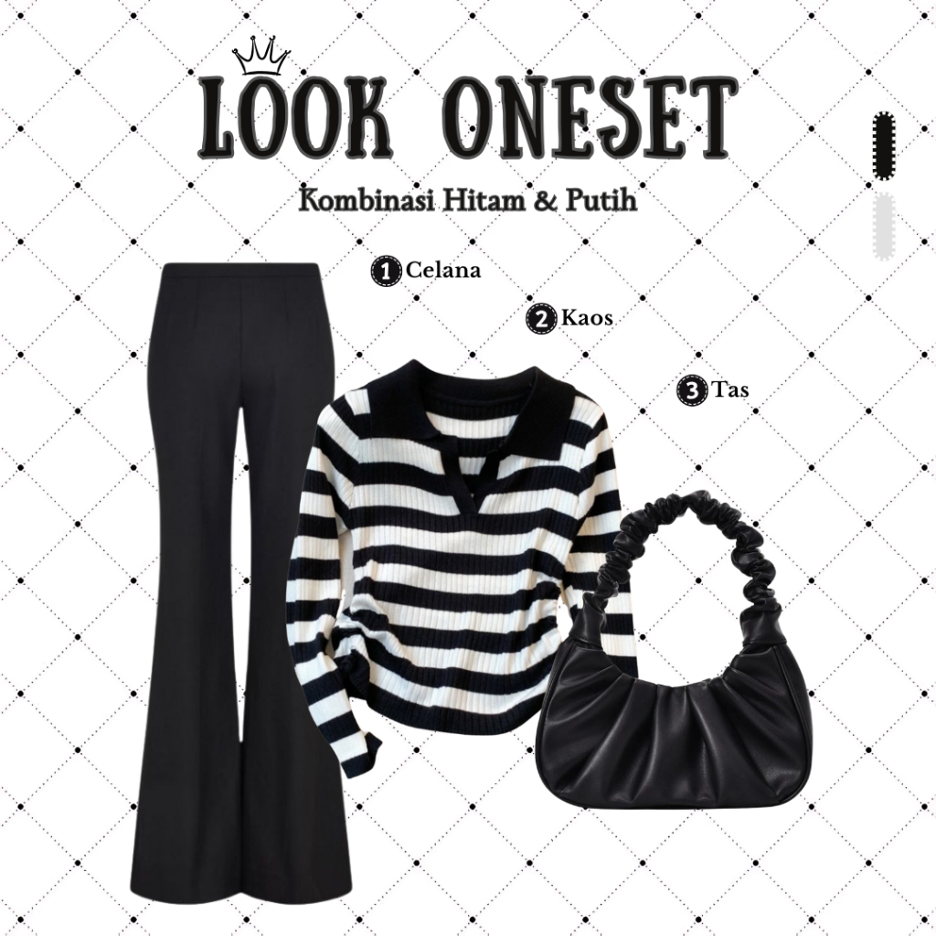 Chic Stripe One Set Wanita 3in1 – Kaos V-neck Berkerah Hitam Putih, Celana Scuba Cutbray Hitam & Sho