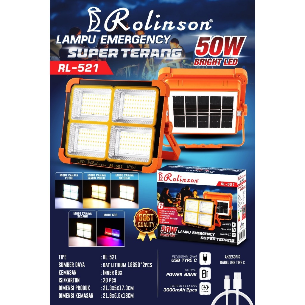 Lampu Emergency Tenaga Surya 50W RL 521 Rolinson/Emergensi LED Super Terang Bagus Murah