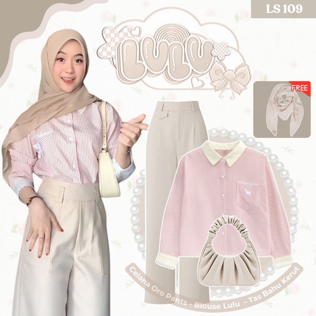 Outfit Korean Style | Lulu Kemeja Blouse Stripe Lengan Panjang Renda Katun Dusty Pink, Celana Oro Pa