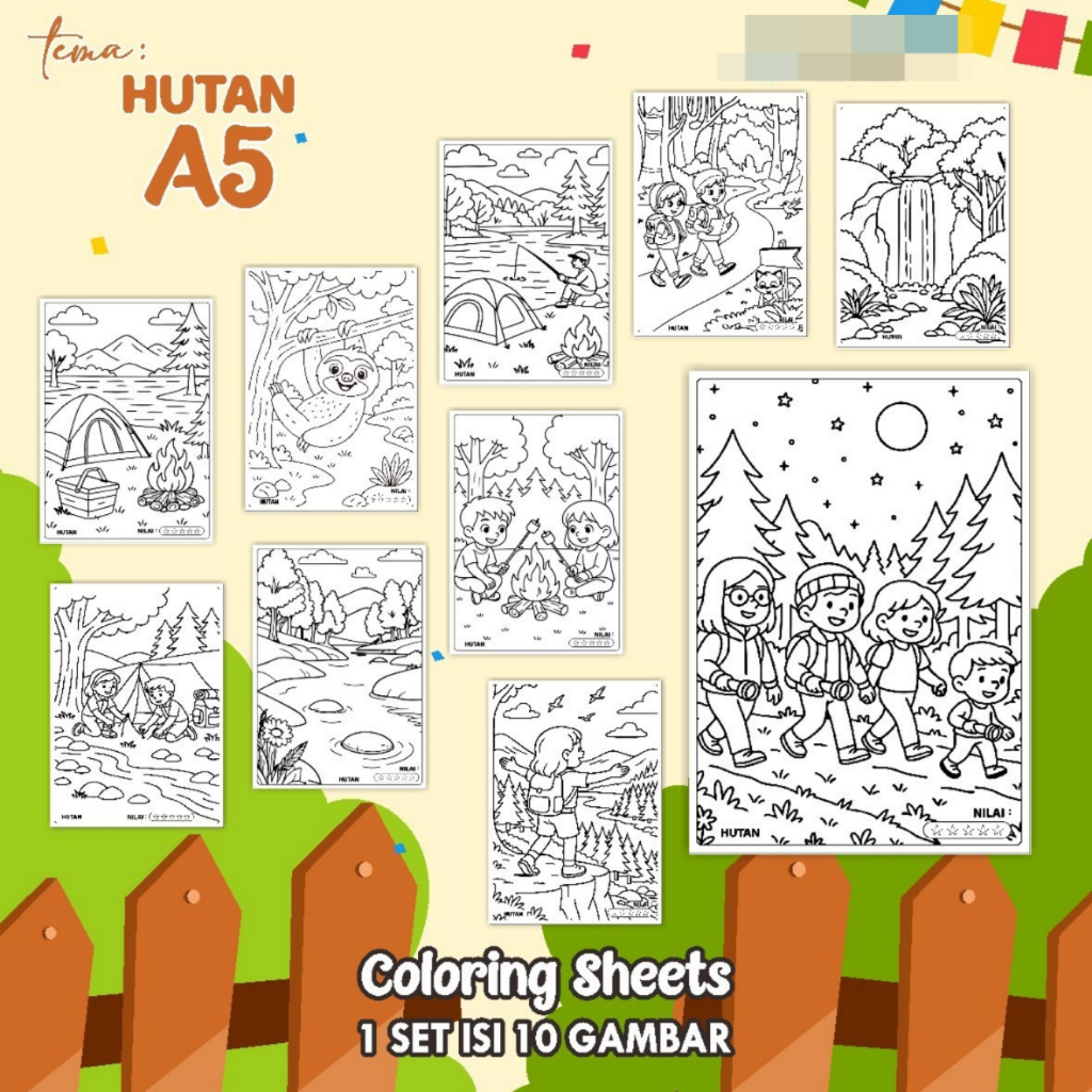 

KERTAS GAMBAR MEWARNAI TEMA HUTAN - LEMBAR COLORING SHEETS FOR KIDS ISI 10 LEMBAR [A5] READY