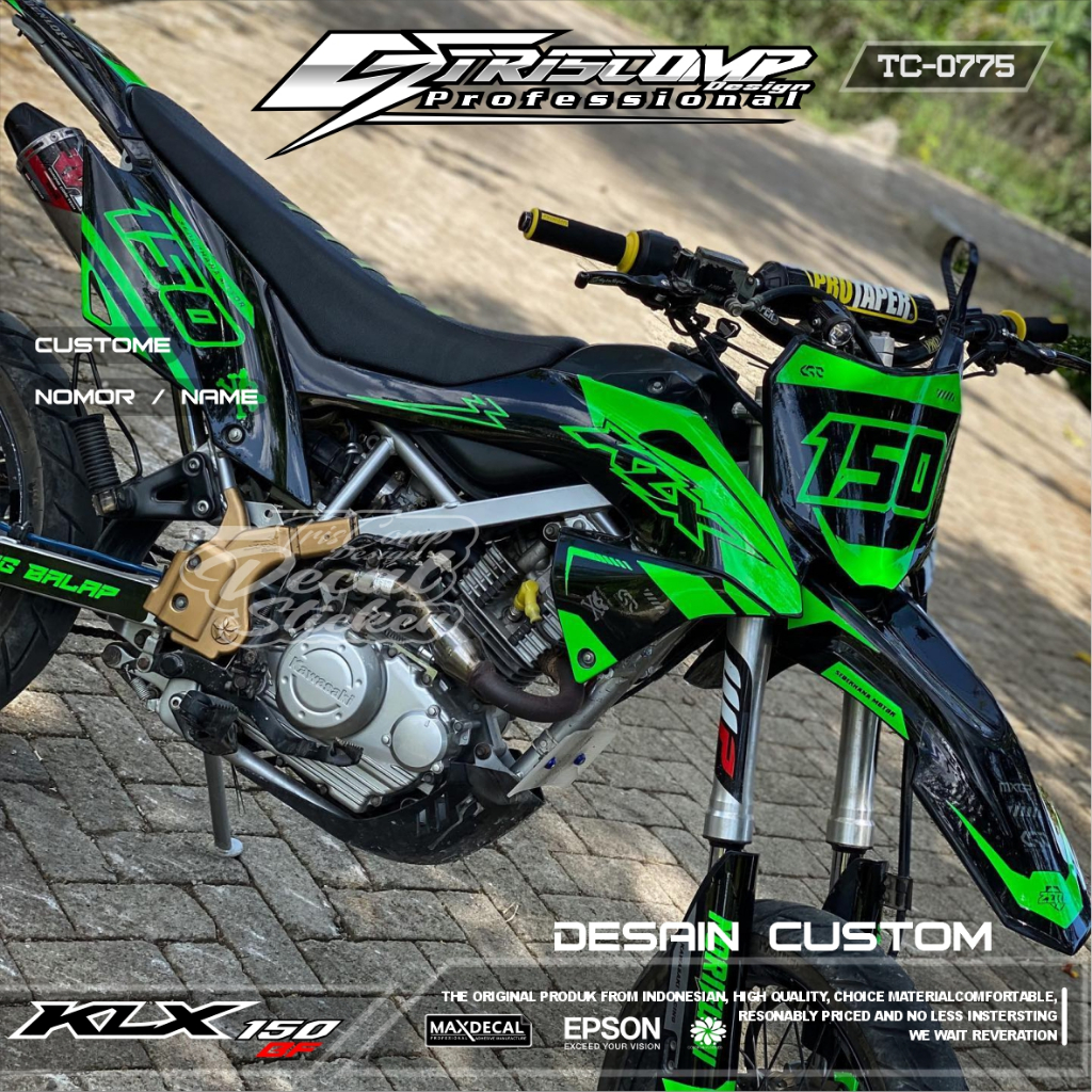Sticker Custom Decal KLX 150 BF New Motif Keren Warna Hitam Hijau Terbaru Bisa reques Nomor dan Nama