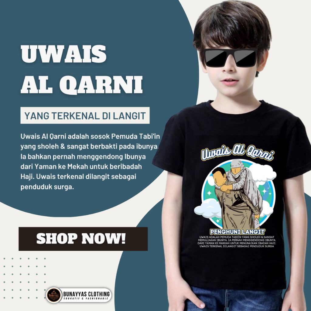 Bunayyas Clothing Kaos Dakwah Anak Laki lengan pendek Uwais Al Qarni T shirt dakwah Islami Size XS S