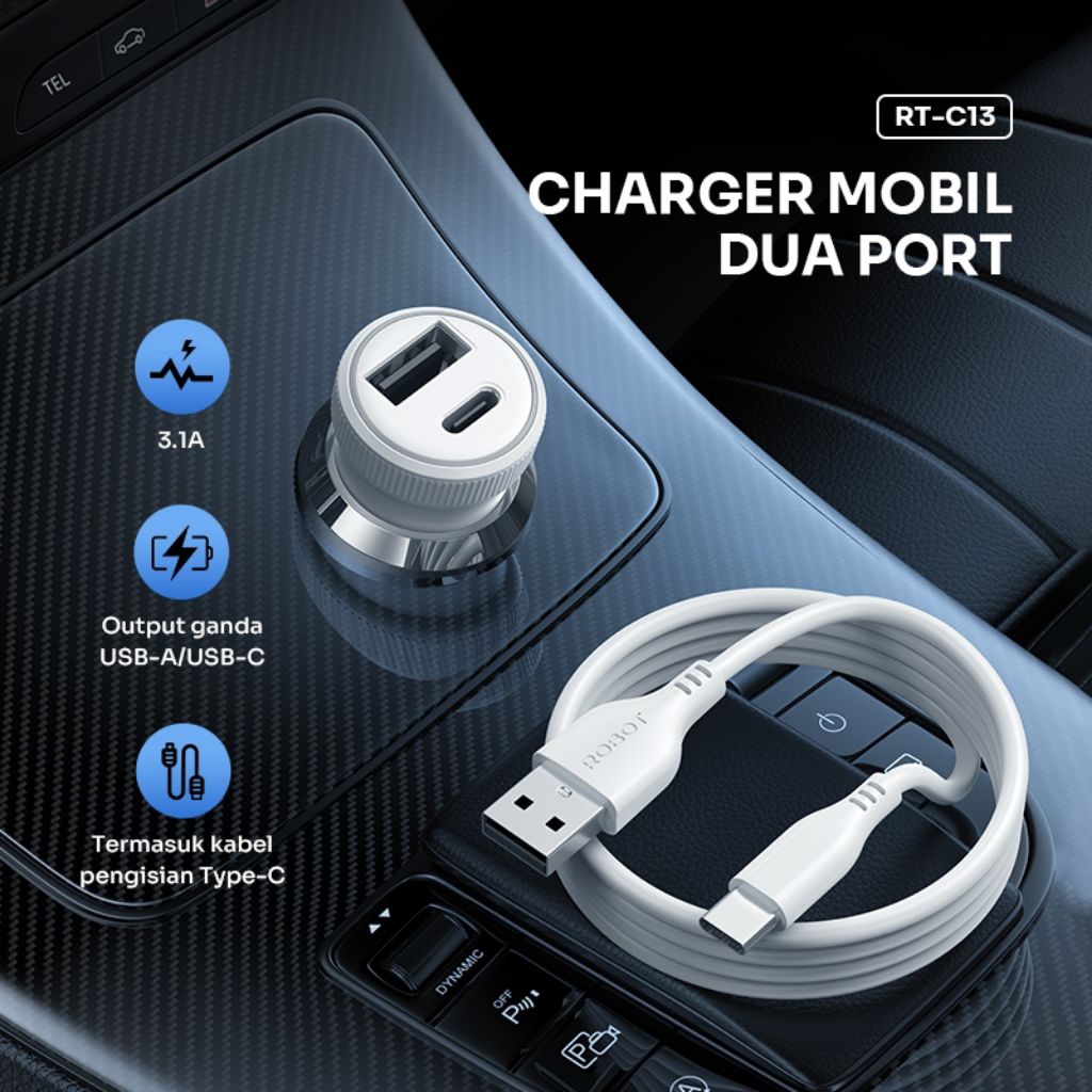 ROBOT Car Charger 3.1A Colokan Charger Mobil Dual Port Output