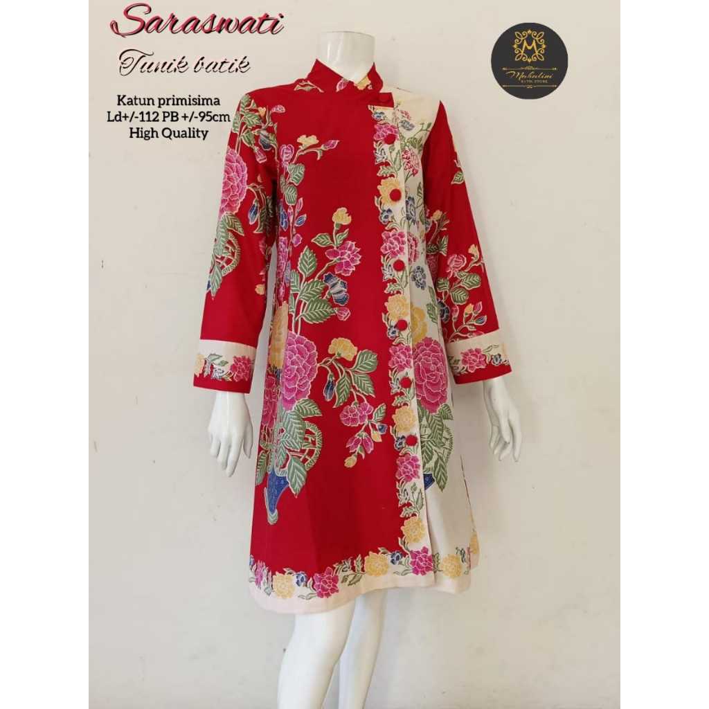 Baju Atasan Tunik Dress Wanita Cheongsam Batik Merah